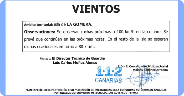 La Gomera Windwarnung der kanarischen Regierung